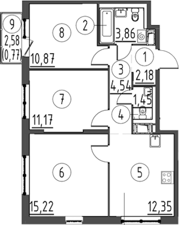 3-комнатная квартира 62.41 м², 3/13 эт., ЖК «Квартал Торики»